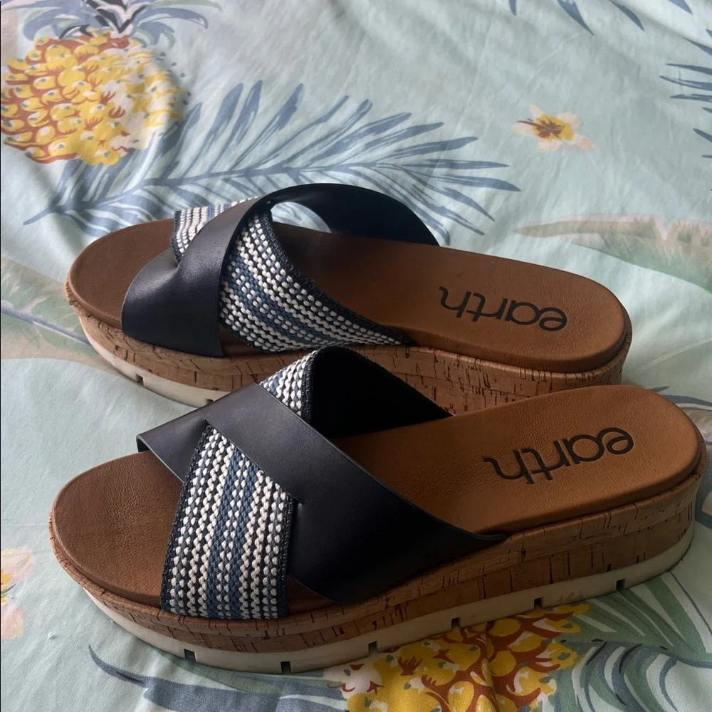 Earth Brown Cork Slide Sandals with Navy Braided Straps - Picture 2 of 3